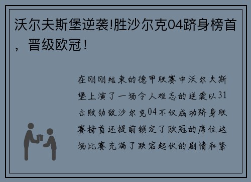 沃尔夫斯堡逆袭!胜沙尔克04跻身榜首，晋级欧冠！